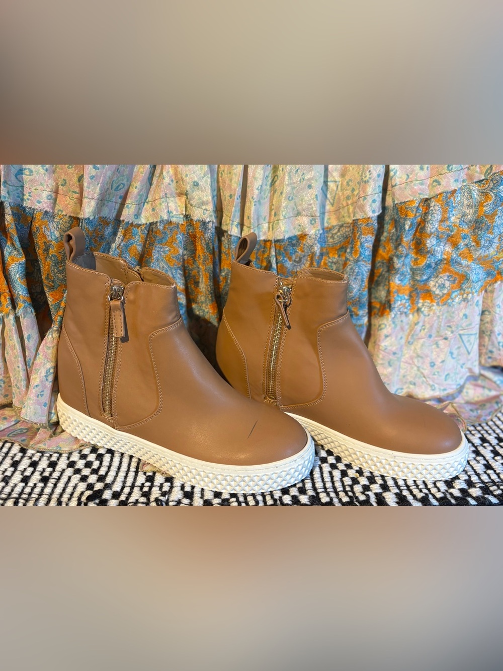 AEROSOLES Tan Slip-On Ankle Booties with White Platform Sole